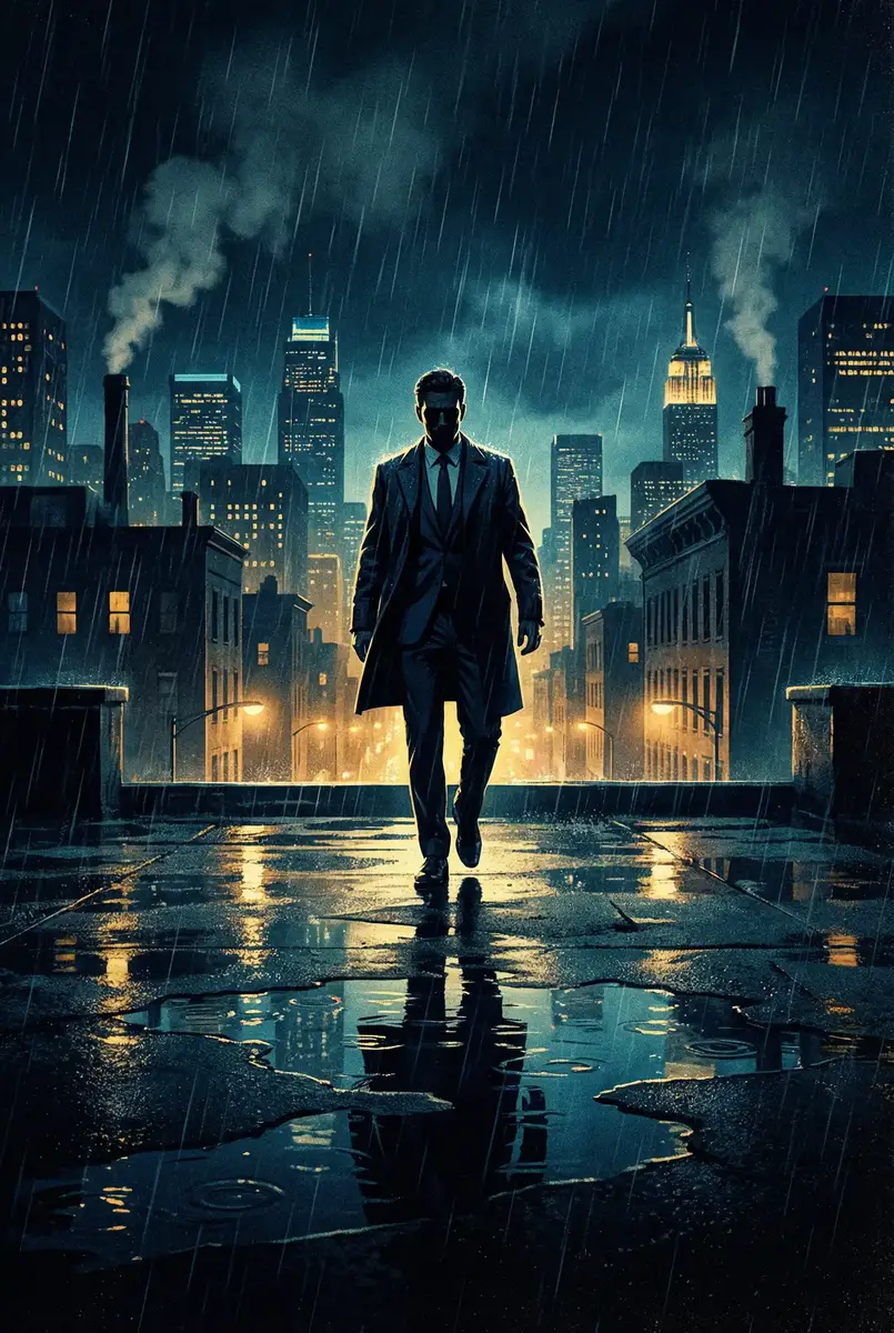 1819macbookpro18 出品影片《雨夜独行者》海报，雨中城市屋顶男性剪影